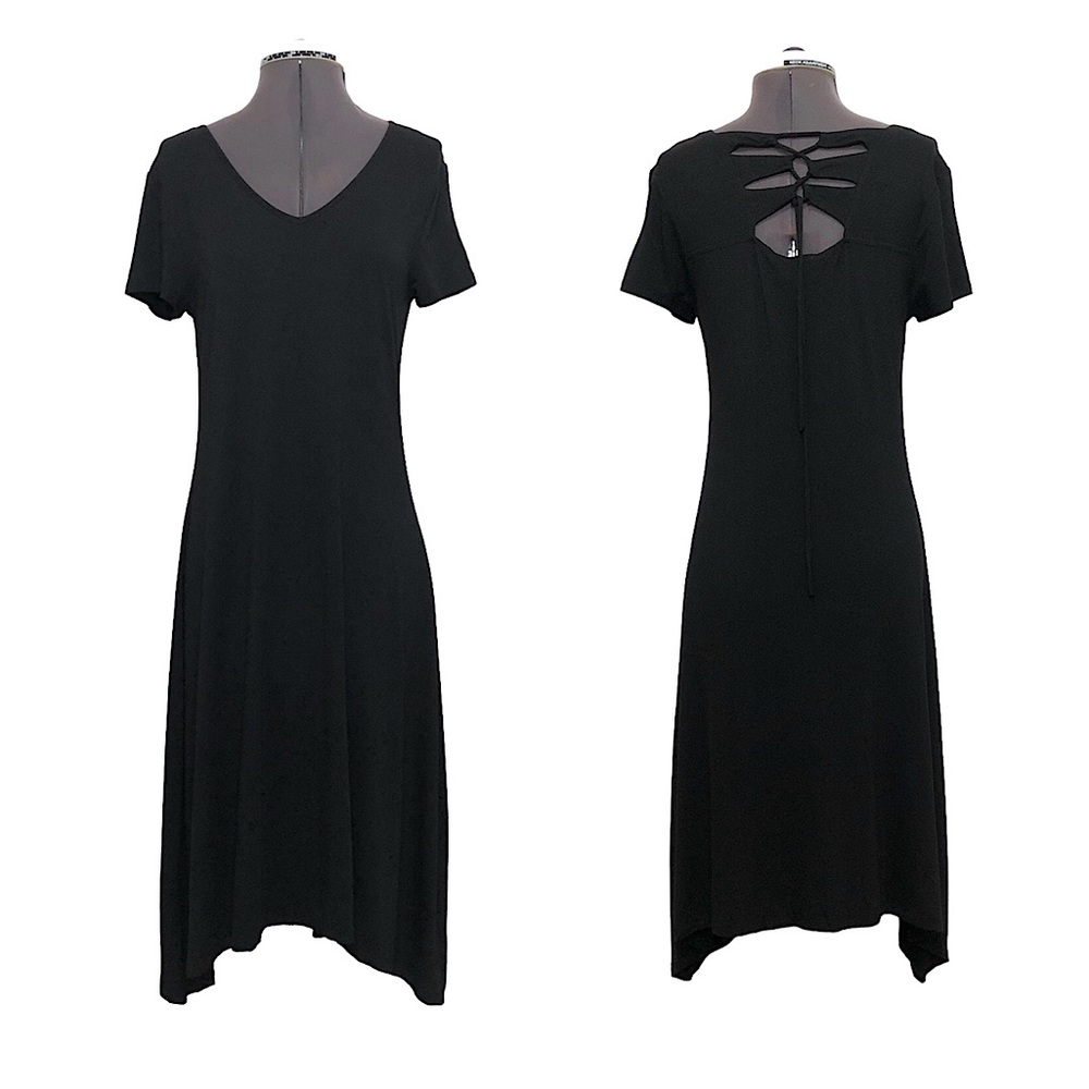 Chico's knit Lace-Up Back Black Shark Bite Hem Short Sleeve Midi Dress 0 /S /4